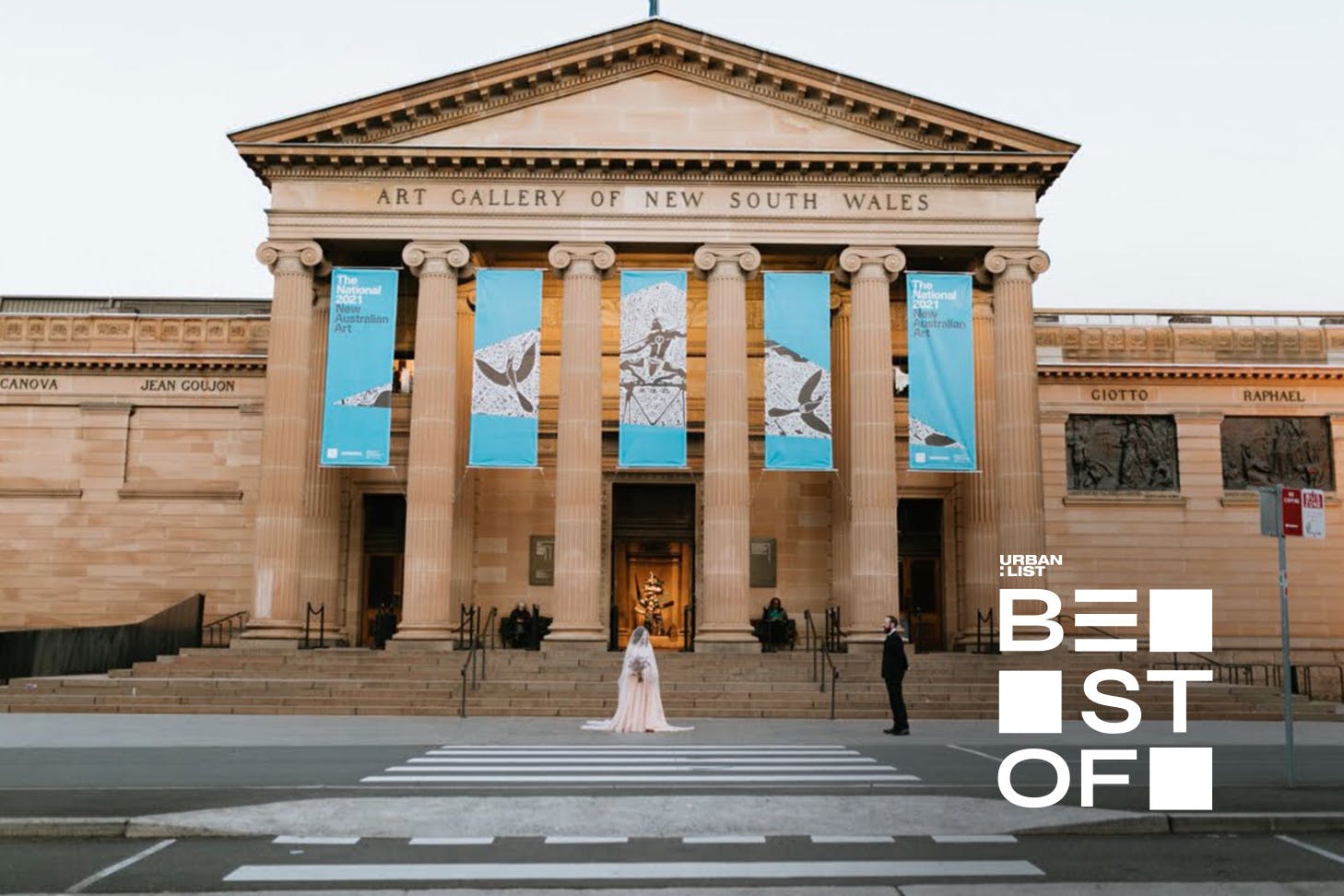 A bride and groom outside the Art Gallery of NSW, one of the best wedding venues in Sydney
